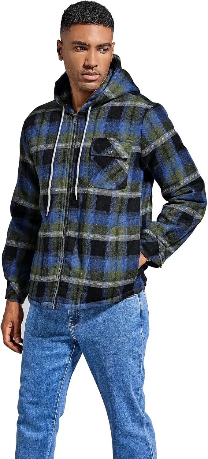 Elesuit Men's Full Zip Fleece Flannel Jackets Shirt Plaid Cotton Hoodies Soft Warm Coat for Men with Hood