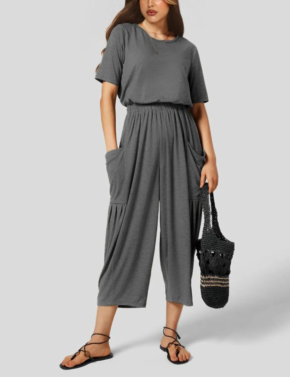 Fiona Jolin Jumpsuits for Women Casual Summer Short Sleeve Wide Leg Jumper Long Rompers with Pockets