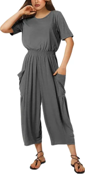 Fiona Jolin Jumpsuits for Women Casual Summer Short Sleeve Wide Leg Jumper Long Rompers with Pockets