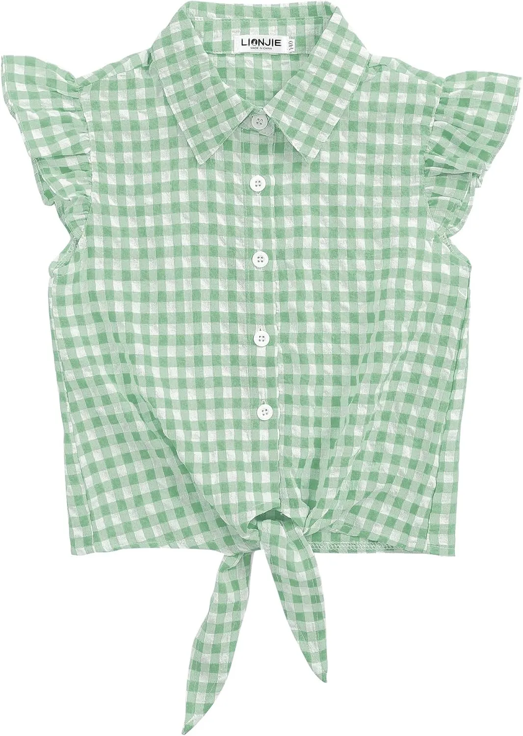 Girls Sleeveless Plaid Button Down Shirt Summer Crop Tops Tie Knot Ruffle Sleeve Shirt Blouse 3-12Y