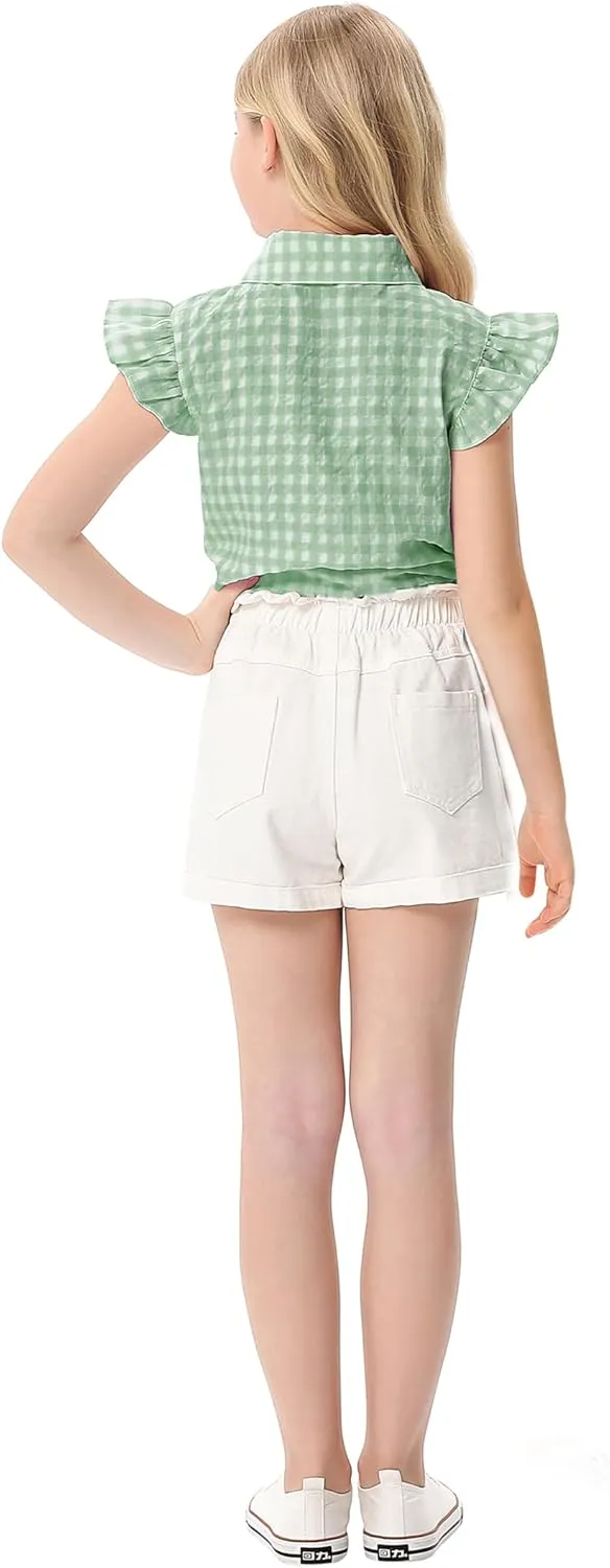 Girls Sleeveless Plaid Button Down Shirt Summer Crop Tops Tie Knot Ruffle Sleeve Shirt Blouse 3-12Y