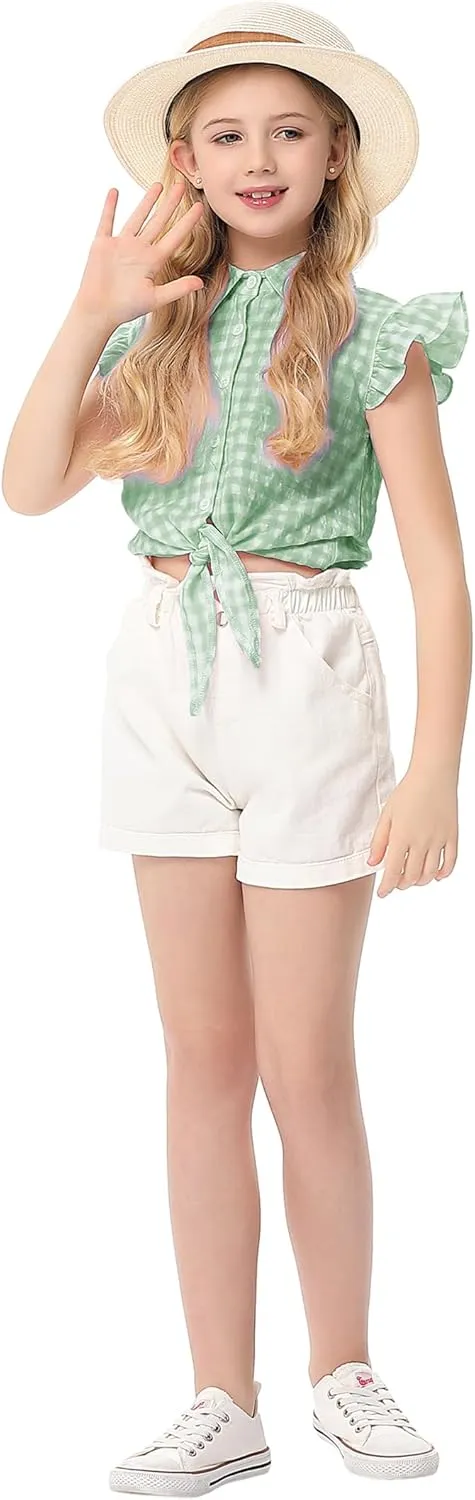Girls Sleeveless Plaid Button Down Shirt Summer Crop Tops Tie Knot Ruffle Sleeve Shirt Blouse 3-12Y