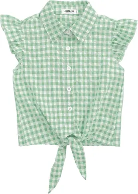 Girls Sleeveless Plaid Button Down Shirt Summer Crop Tops Tie Knot Ruffle Sleeve Shirt Blouse 3-12Y