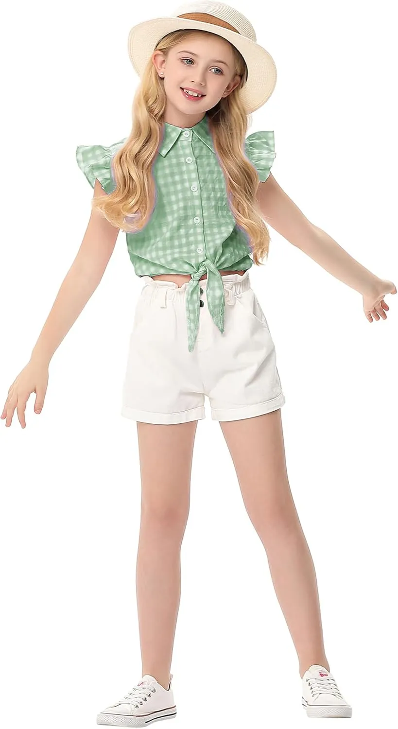 Girls Sleeveless Plaid Button Down Shirt Summer Crop Tops Tie Knot Ruffle Sleeve Shirt Blouse 3-12Y