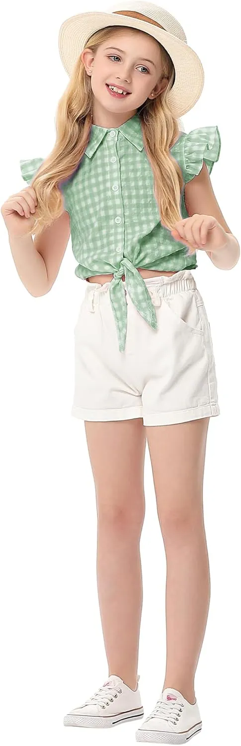 Girls Sleeveless Plaid Button Down Shirt Summer Crop Tops Tie Knot Ruffle Sleeve Shirt Blouse 3-12Y
