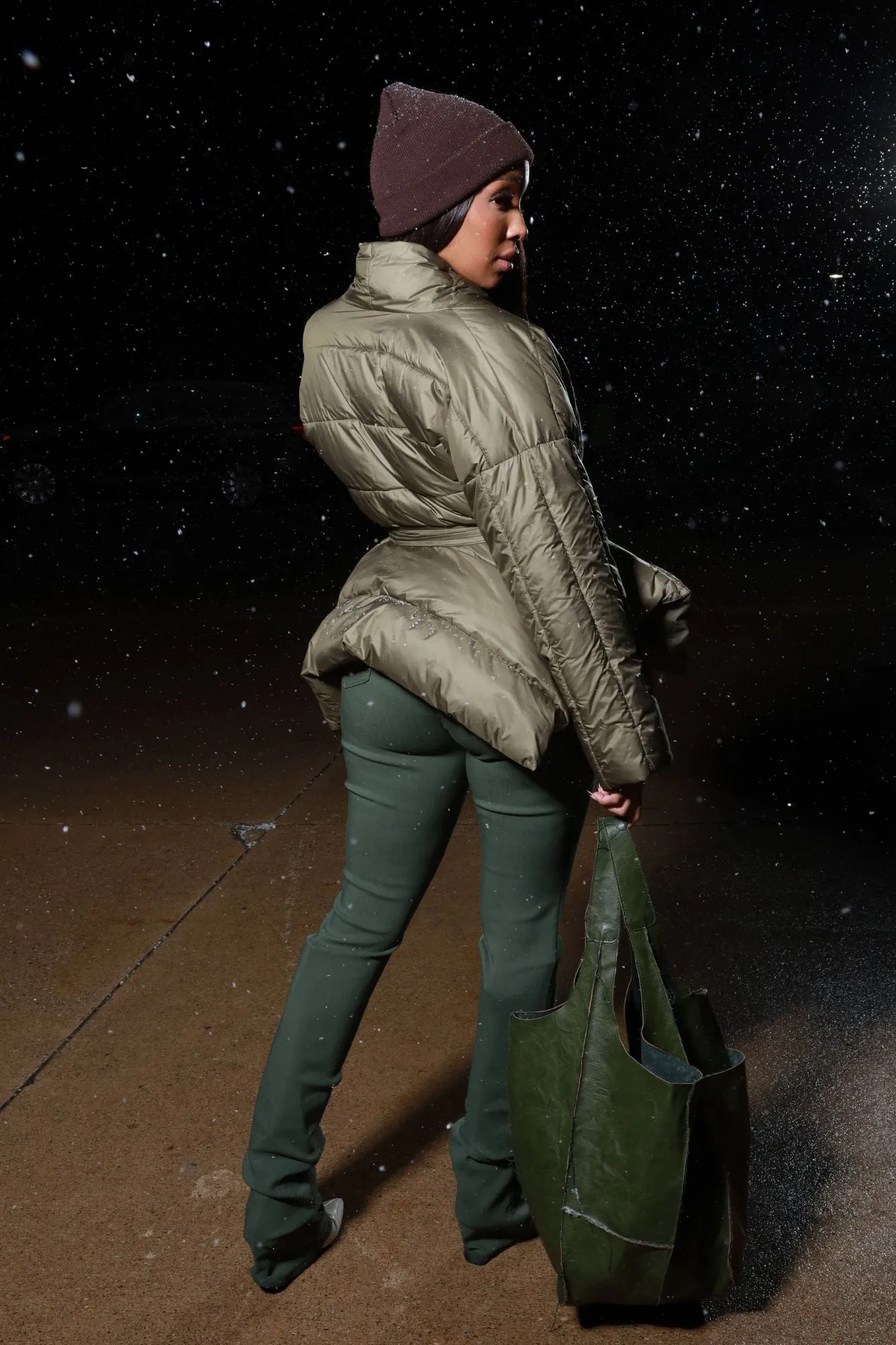 Go For It Belted Puffer Coat - Olive