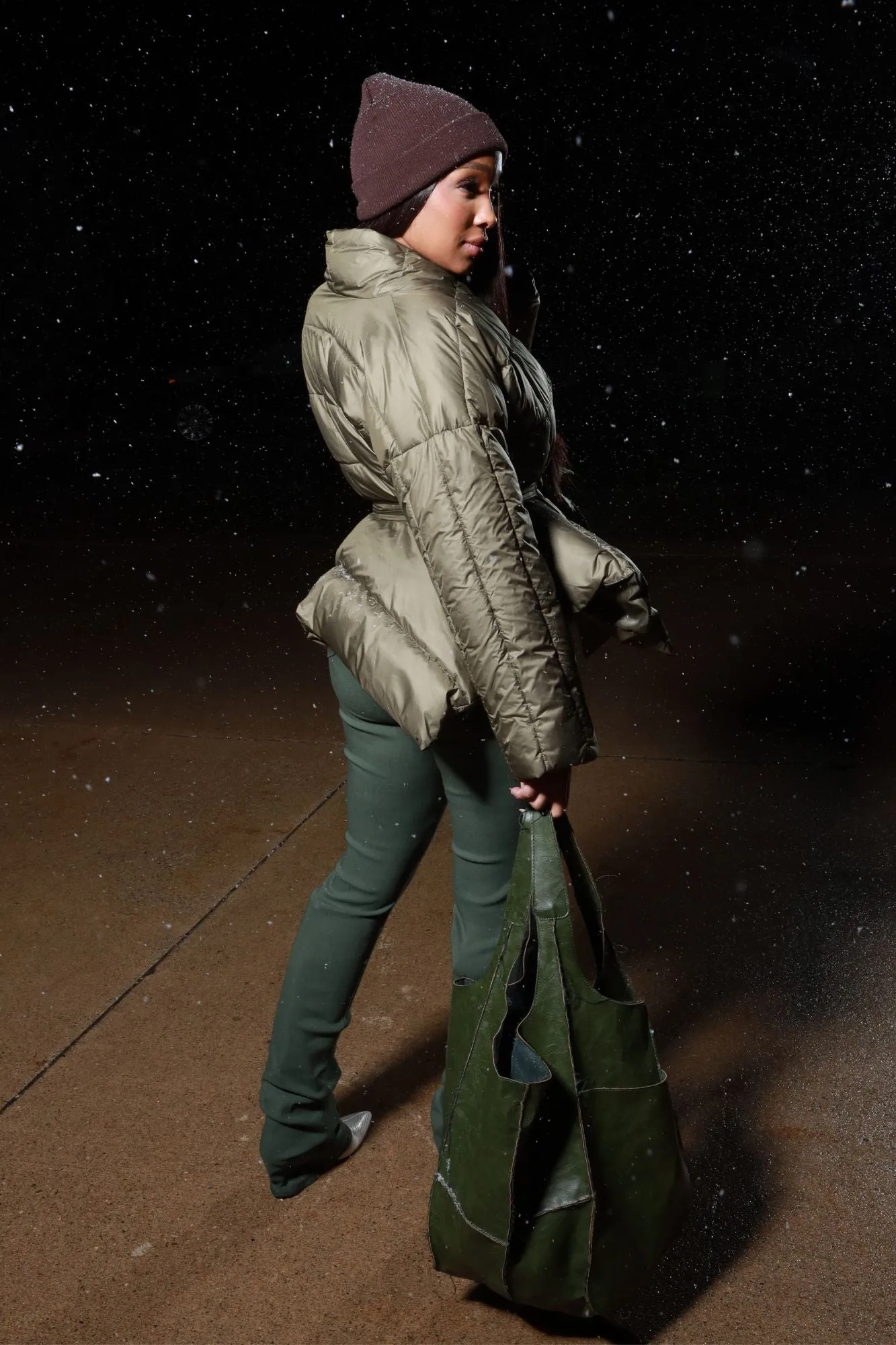 Go For It Belted Puffer Coat - Olive