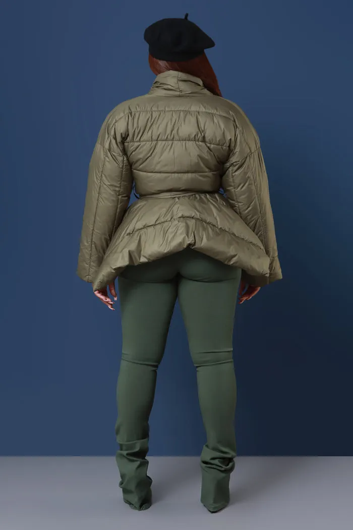 Go For It Belted Puffer Coat - Olive