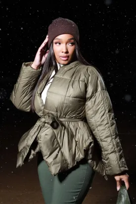 Go For It Belted Puffer Coat - Olive