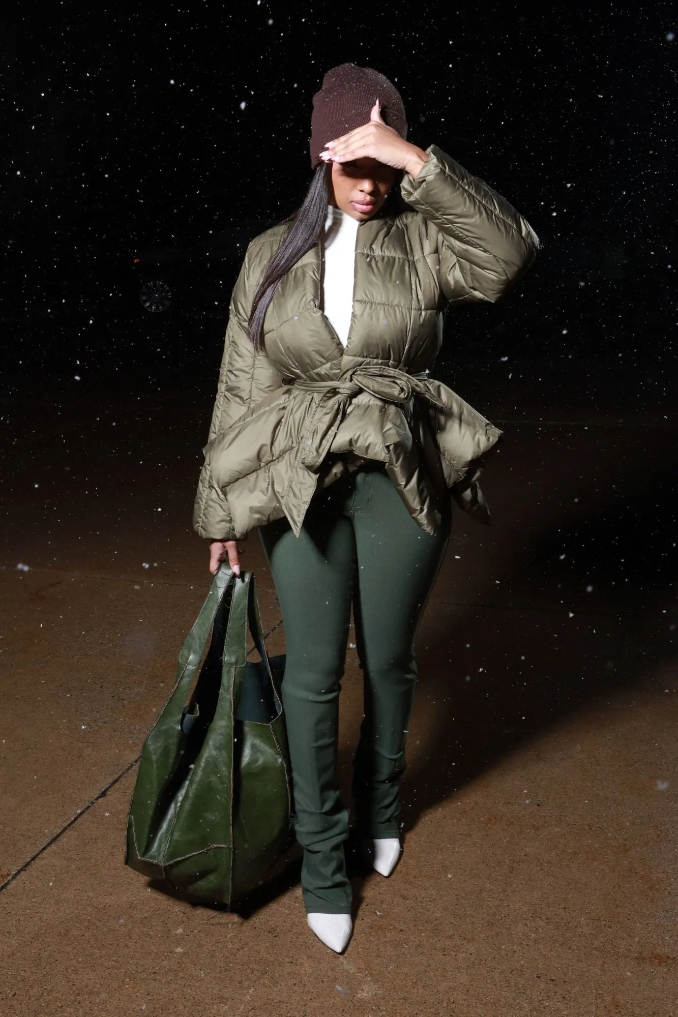 Go For It Belted Puffer Coat - Olive