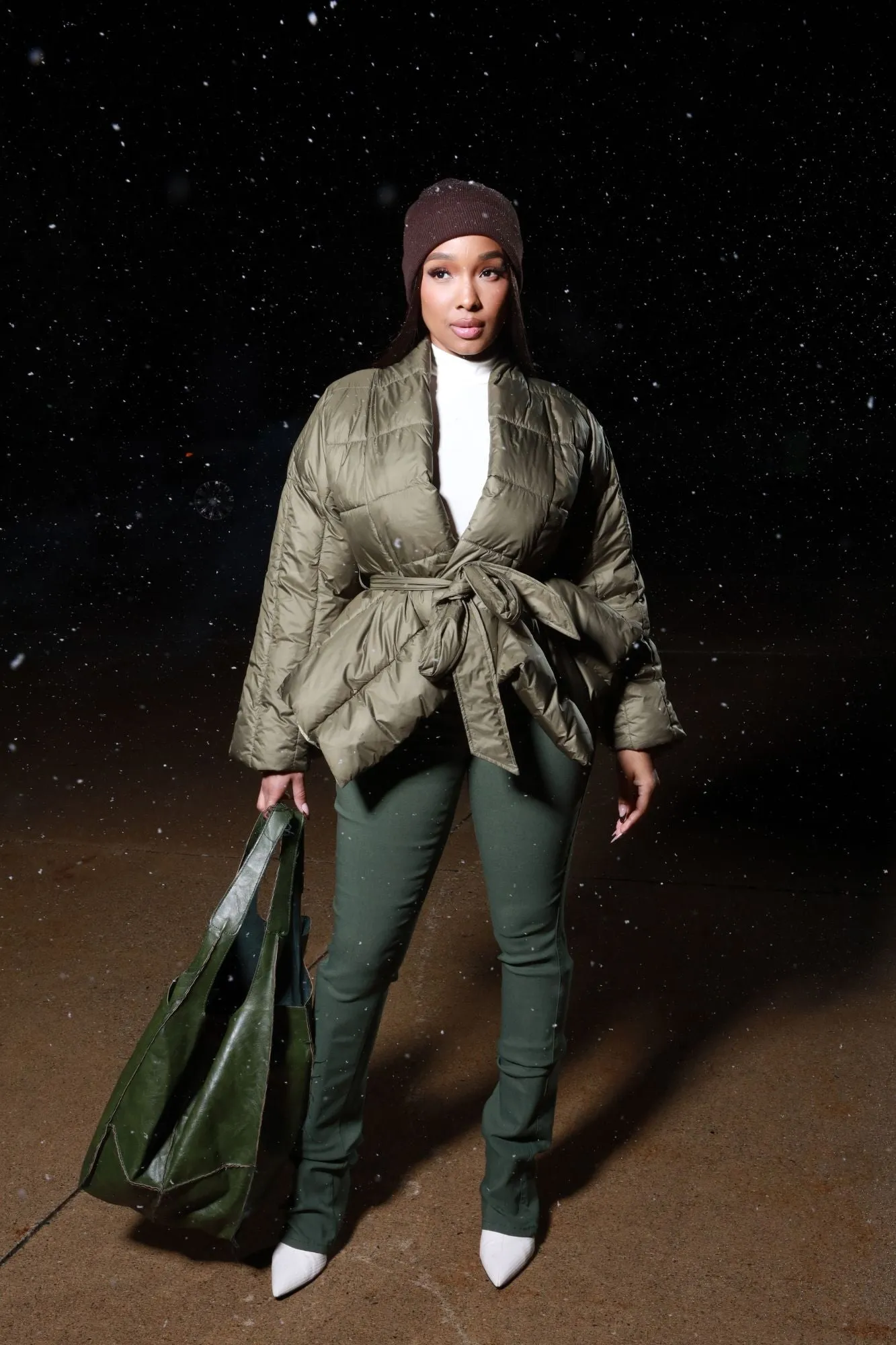 Go For It Belted Puffer Coat - Olive