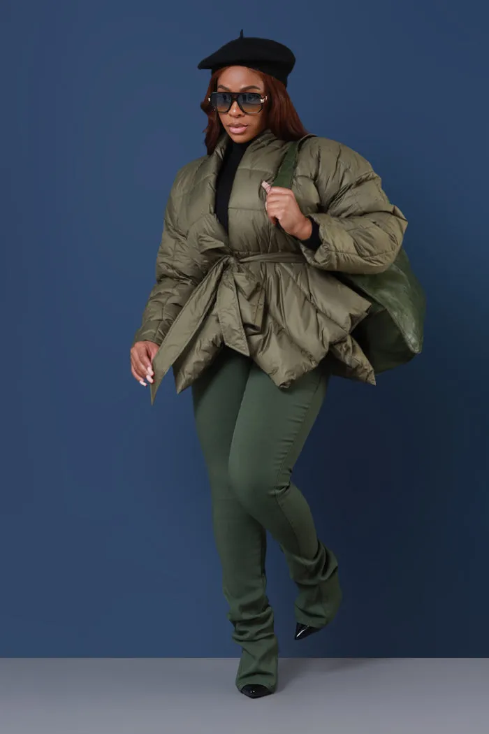 Go For It Belted Puffer Coat - Olive