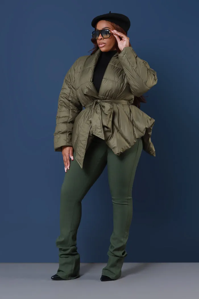 Go For It Belted Puffer Coat - Olive