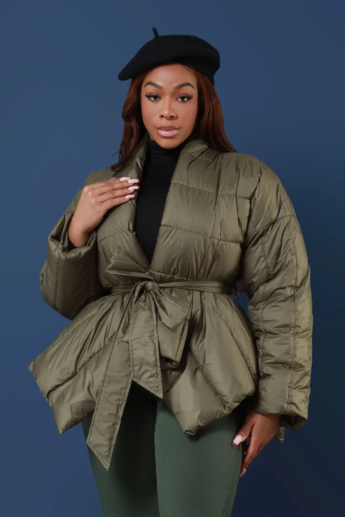 Go For It Belted Puffer Coat - Olive