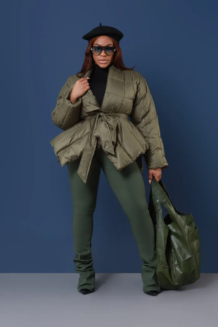 Go For It Belted Puffer Coat - Olive