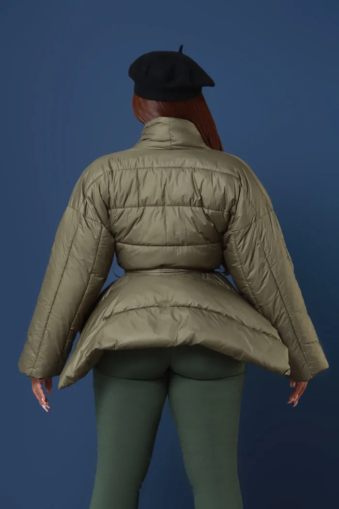 Go For It Belted Puffer Coat - Olive