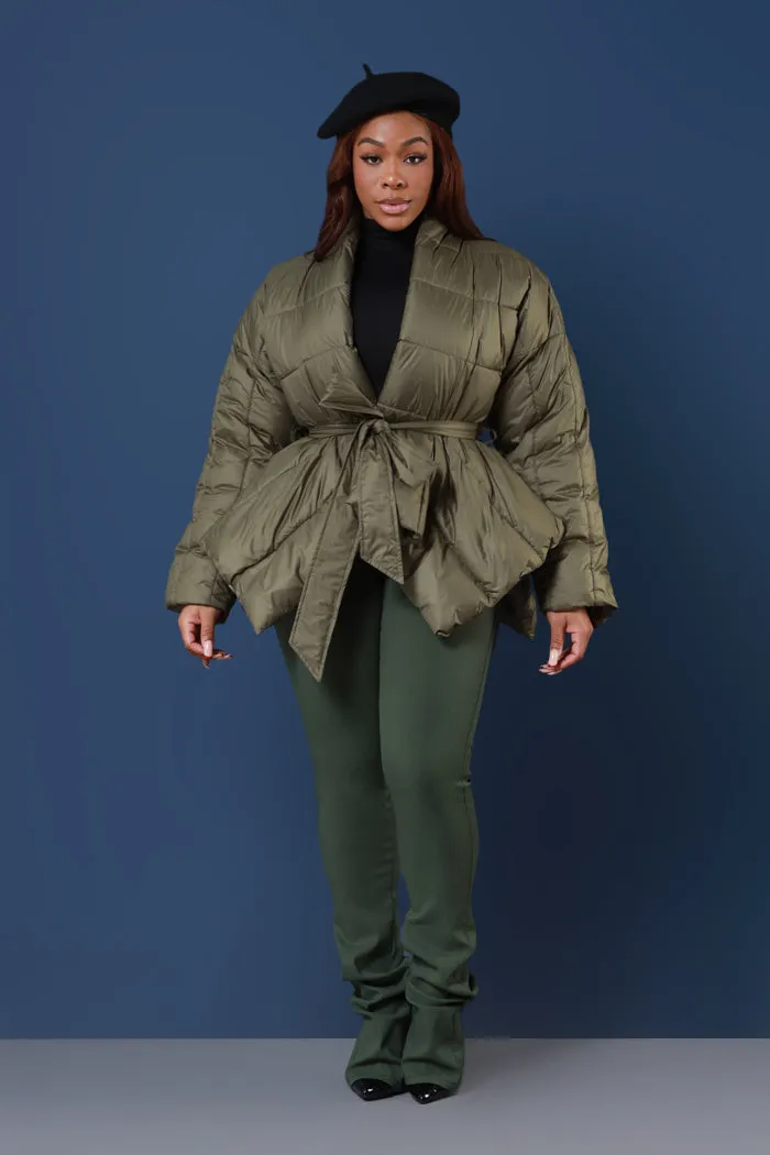 Go For It Belted Puffer Coat - Olive