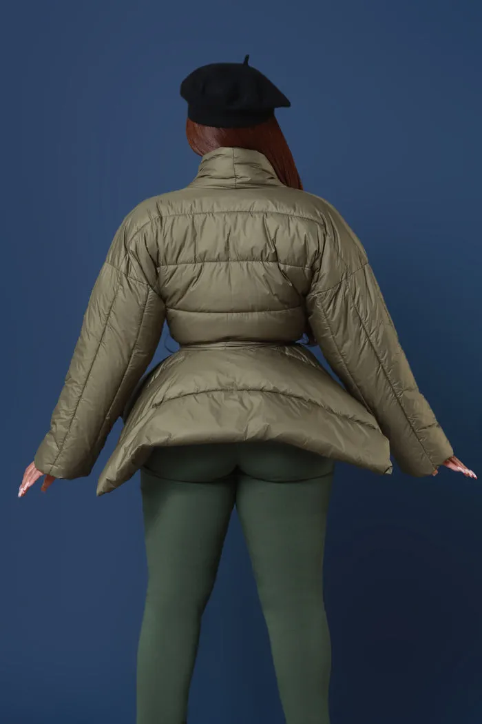 Go For It Belted Puffer Coat - Olive