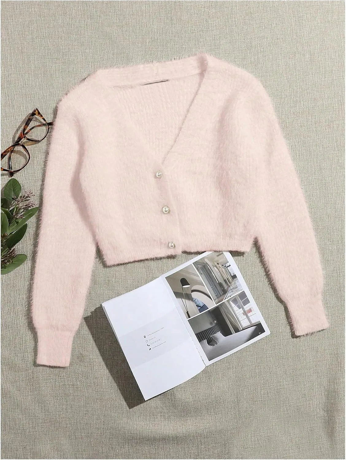 GORGLITTER Women's Open Front Cardigan Fuzzy Pearl Button Up Long Sleeve Crop Sweater Jackets Chunky Knit Cardigan