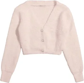 GORGLITTER Women's Open Front Cardigan Fuzzy Pearl Button Up Long Sleeve Crop Sweater Jackets Chunky Knit Cardigan
