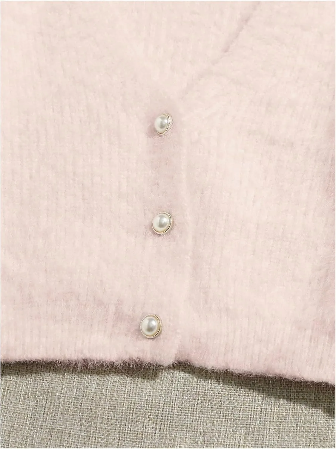 GORGLITTER Women's Open Front Cardigan Fuzzy Pearl Button Up Long Sleeve Crop Sweater Jackets Chunky Knit Cardigan