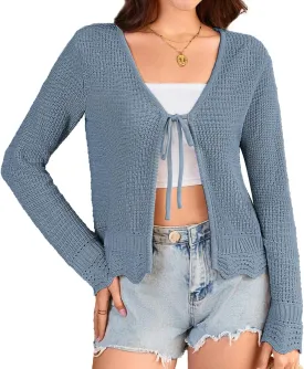 GRACE KARIN Women's Long Sleeve Cardigan Tie Front V Neck Crochet Lightweight Shrug Sweaters for Dresses Knit Top