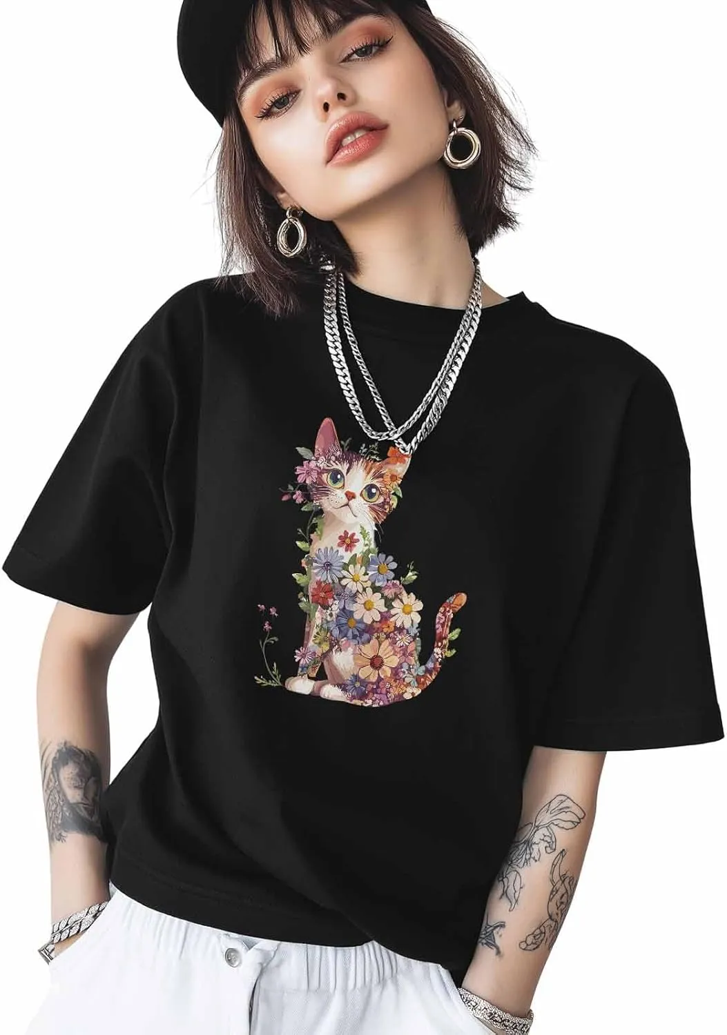 Graphic T Shirts for Women, Abstract Cat Wildflowers Cotton Tees Short Sleeve Crewneck Summer Gym Casual Tops