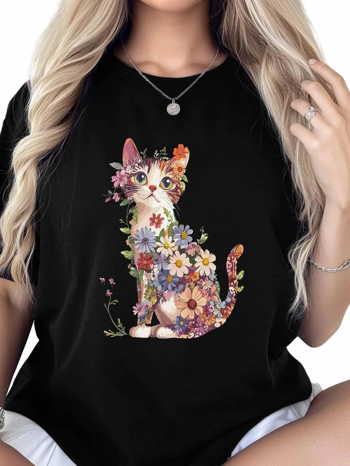 Graphic T Shirts for Women, Abstract Cat Wildflowers Cotton Tees Short Sleeve Crewneck Summer Gym Casual Tops
