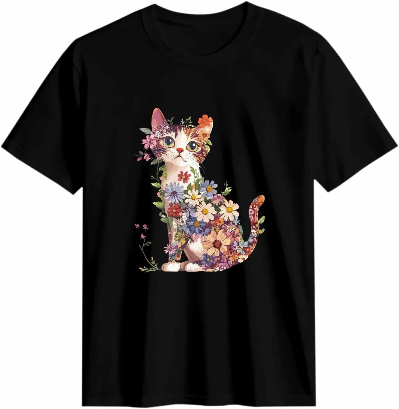 Graphic T Shirts for Women, Abstract Cat Wildflowers Cotton Tees Short Sleeve Crewneck Summer Gym Casual Tops