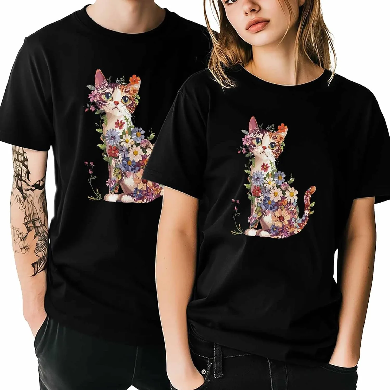 Graphic T Shirts for Women, Abstract Cat Wildflowers Cotton Tees Short Sleeve Crewneck Summer Gym Casual Tops