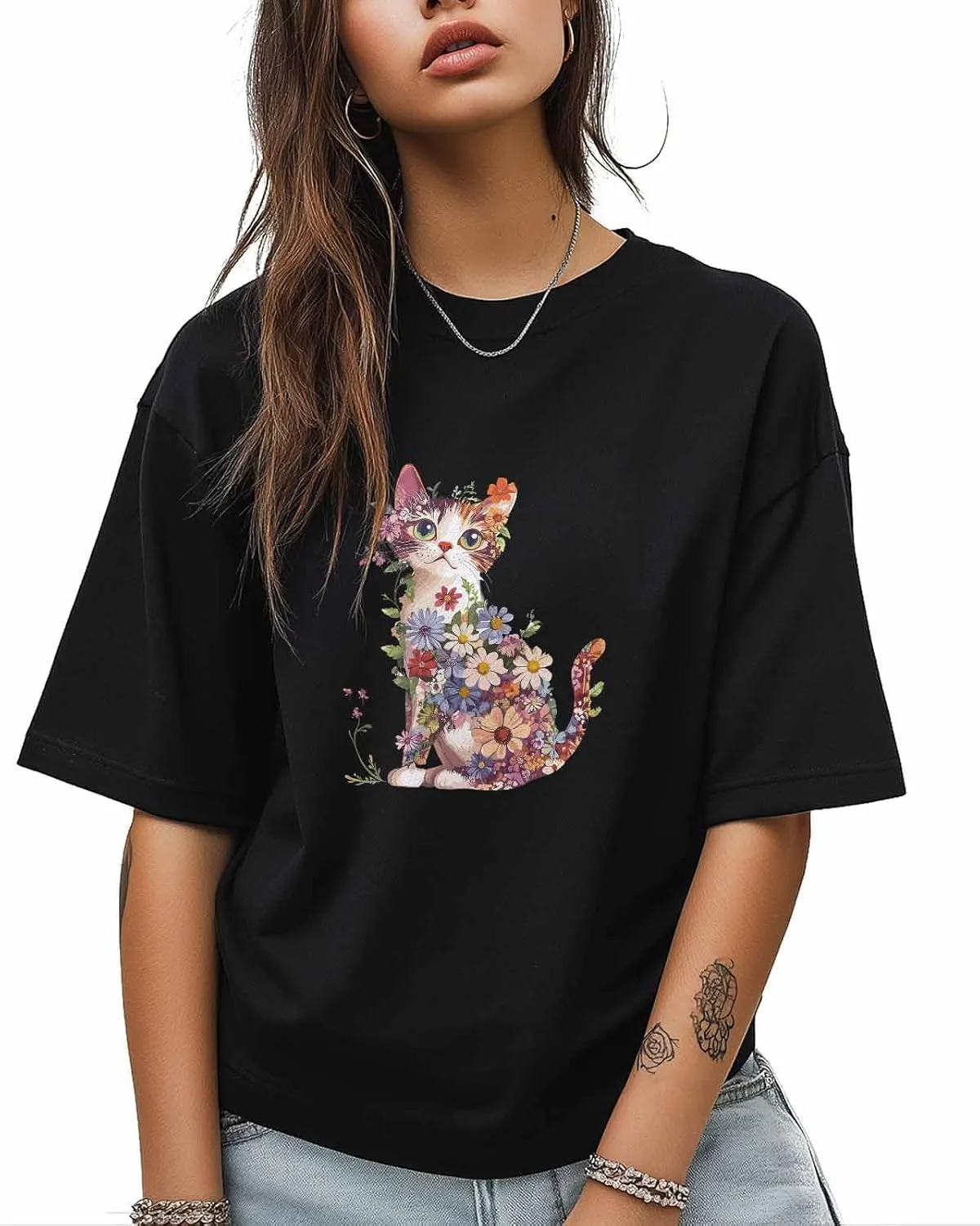 Graphic T Shirts for Women, Abstract Cat Wildflowers Cotton Tees Short Sleeve Crewneck Summer Gym Casual Tops