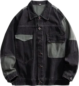 GURUNVANI Patchwork Denim Jacket Mens Oversized Jean Coat Button Down Outwear Tops