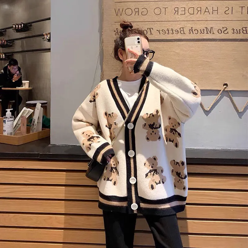 Harajuku Cartoon Bear Knit Cardigan Sweater - Embrace the Cuteness 🐻💖