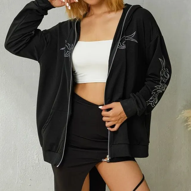 Hoodie New Harajuku Fashion Hoodie Round Neck Loose Letter Hot Diamond Full Zipper Sweater Hip Hop Punk Streetwear S4787235