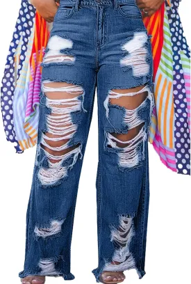 HuiSiFang Women's Ripped Jeans High Waisted Straight Wide Leg Cut Out Destroyed Frayed Tassel Jeans Distressed Baggy Jeans