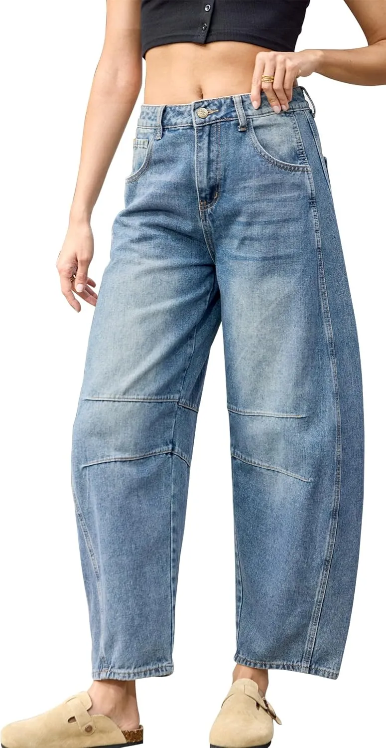 HUNGSON Women's Barrel Jeans Wide Leg Mid Rise Loose Y2k Baggy Boyfriend Jeans Denim Ankle Pants