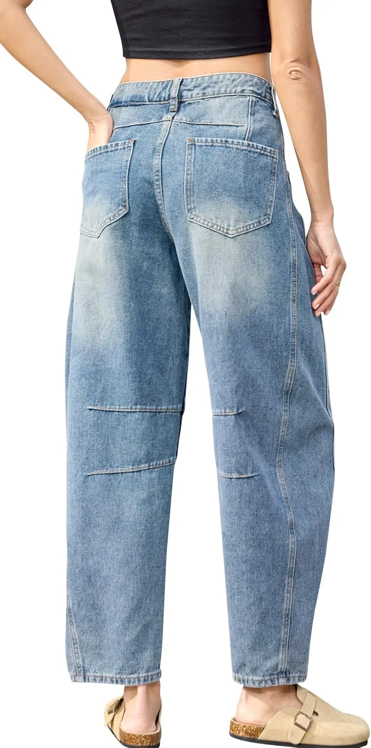 HUNGSON Women's Barrel Jeans Wide Leg Mid Rise Loose Y2k Baggy Boyfriend Jeans Denim Ankle Pants