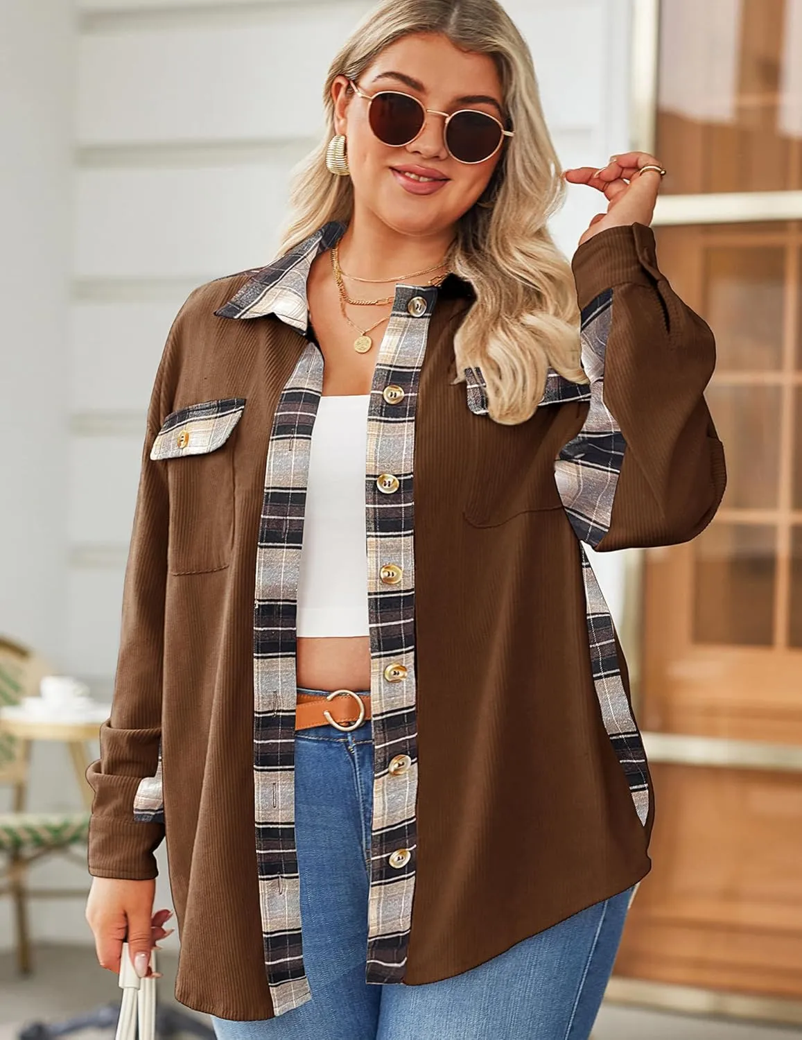 IN'VOLAND Womens Plus Size Corduroy Shacket Jacket Plaid Button Down Shirts Boyfriend Casual Long Sleeves Blouses Tops