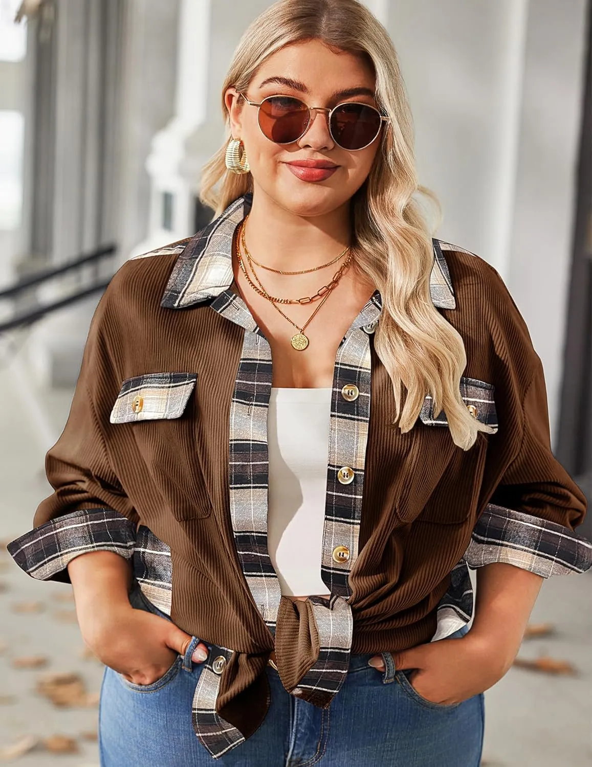 IN'VOLAND Womens Plus Size Corduroy Shacket Jacket Plaid Button Down Shirts Boyfriend Casual Long Sleeves Blouses Tops