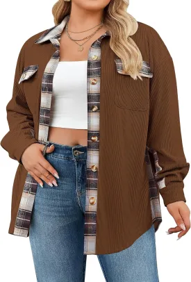 IN'VOLAND Womens Plus Size Corduroy Shacket Jacket Plaid Button Down Shirts Boyfriend Casual Long Sleeves Blouses Tops