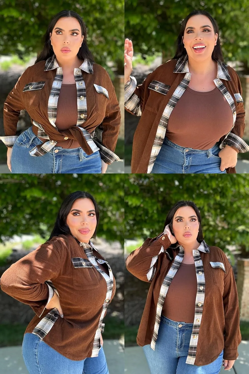 IN'VOLAND Womens Plus Size Corduroy Shacket Jacket Plaid Button Down Shirts Boyfriend Casual Long Sleeves Blouses Tops
