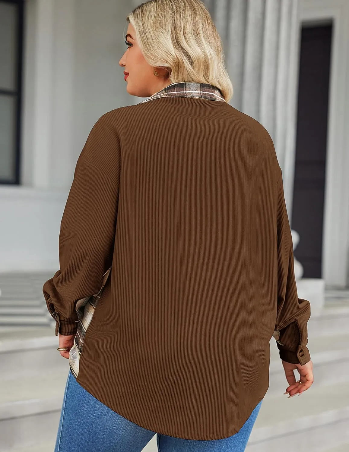 IN'VOLAND Womens Plus Size Corduroy Shacket Jacket Plaid Button Down Shirts Boyfriend Casual Long Sleeves Blouses Tops