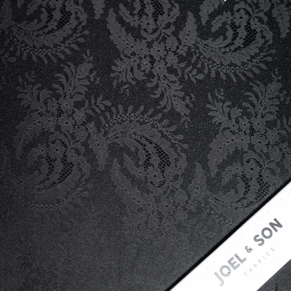 Jet Black Floral Lace Jacquard Pure Silk