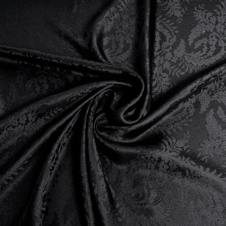 Jet Black Floral Lace Jacquard Pure Silk