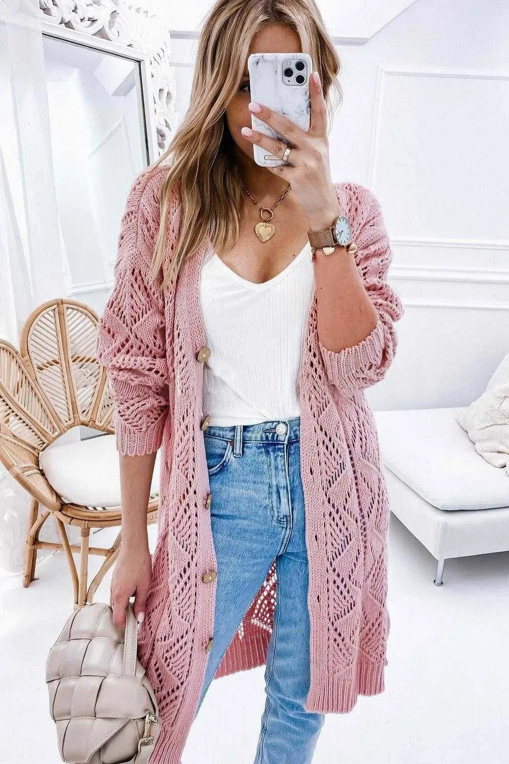 Khaki Button Up Hollow Out Loose Long Cardigan