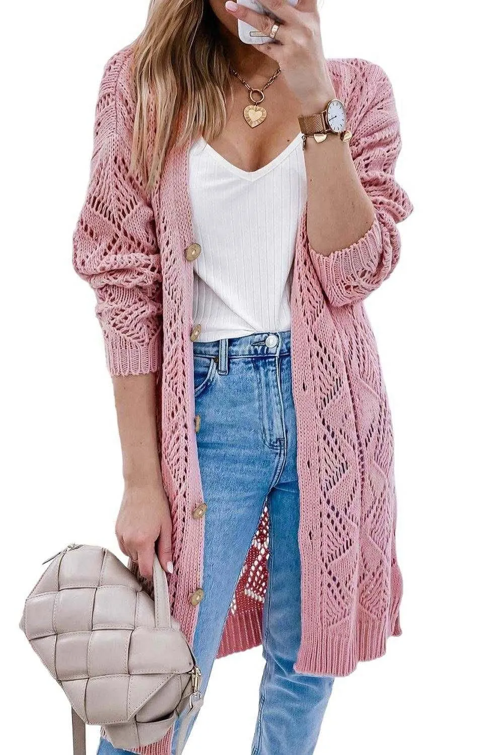 Khaki Button Up Hollow Out Loose Long Cardigan