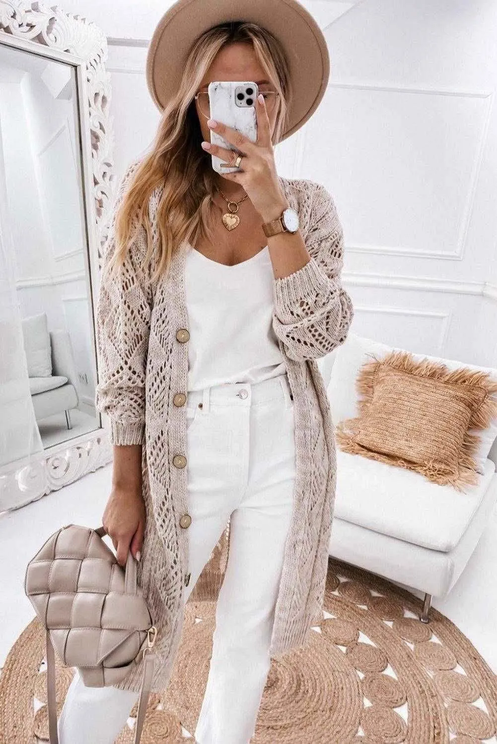 Khaki Button Up Hollow Out Loose Long Cardigan