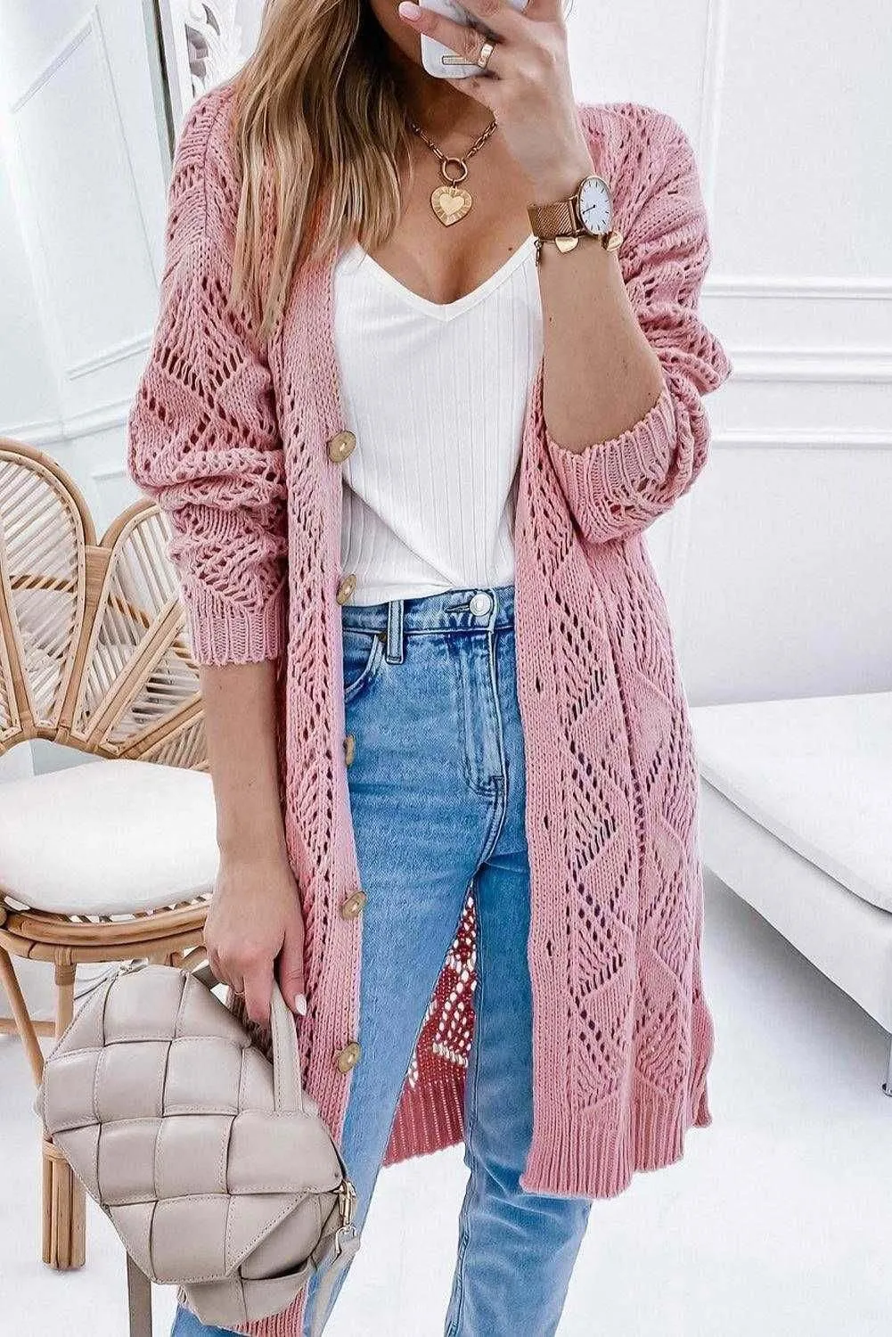 Khaki Button Up Hollow Out Loose Long Cardigan