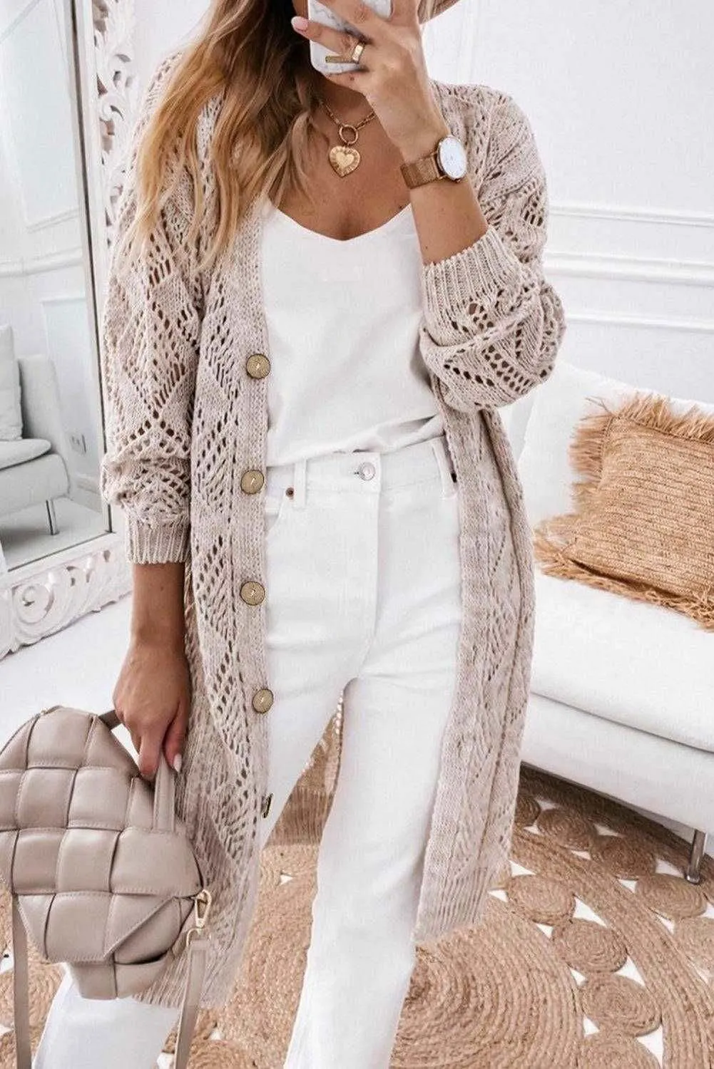 Khaki Button Up Hollow Out Loose Long Cardigan