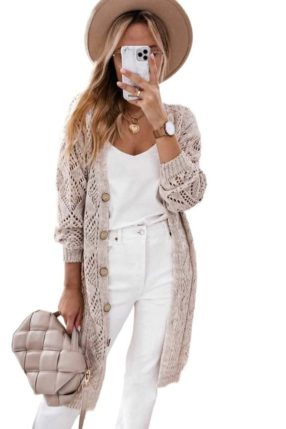 Khaki Button Up Hollow Out Loose Long Cardigan